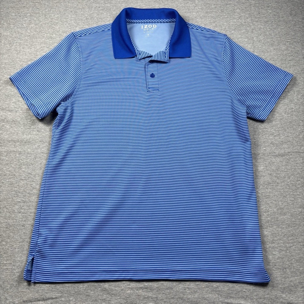 Men's IZOD Golf Polo Short Sleeve Shirt Blue White Stripe Medium Moisture Wick